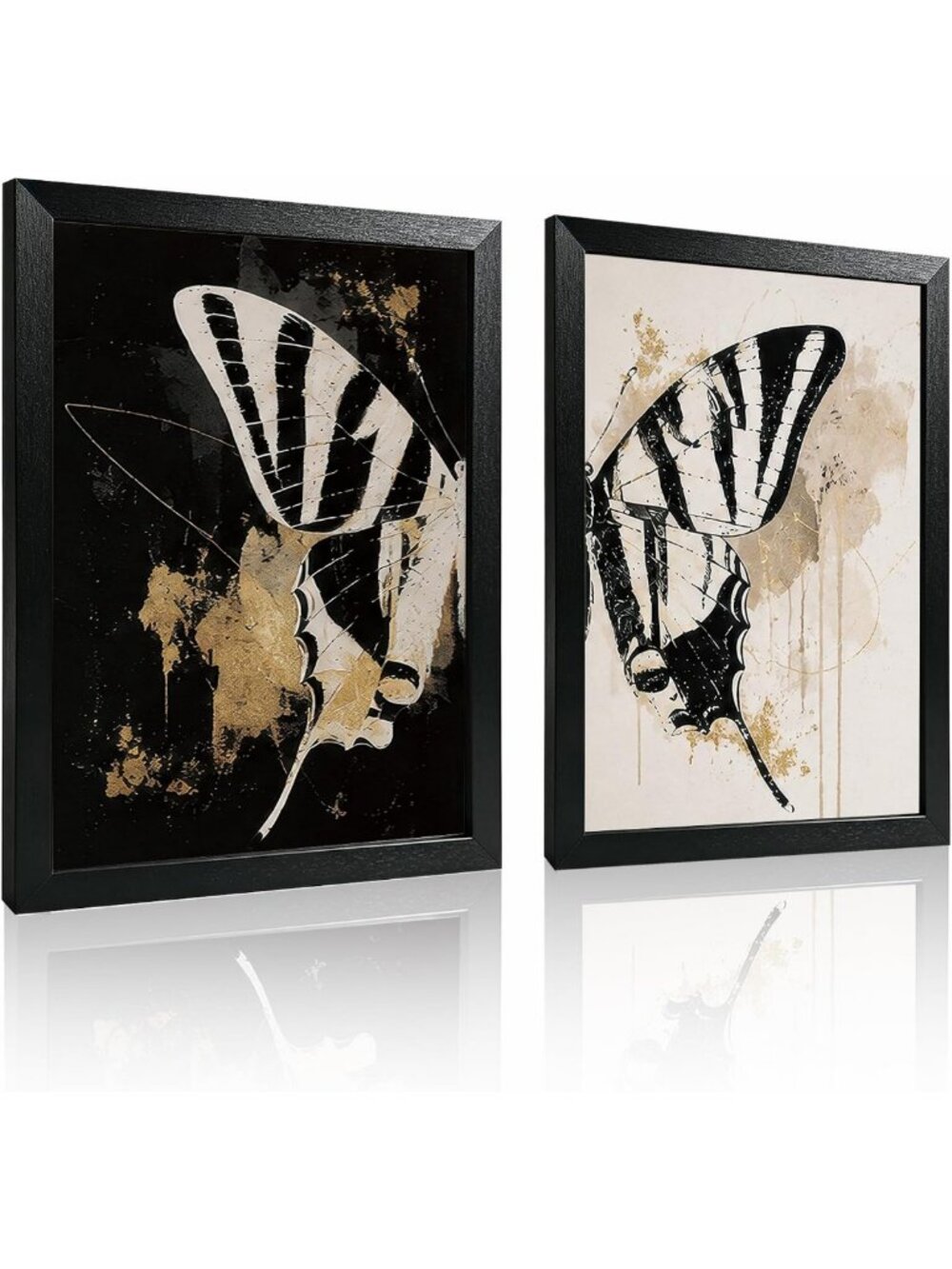Elegant Black and Gold Butterfly Wall Art Set of 2, Framed 12x16 Inch Decor